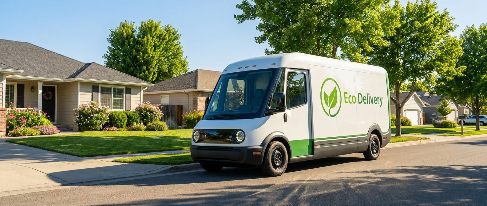 Eco Delivery van in a green suburban neighborhood
