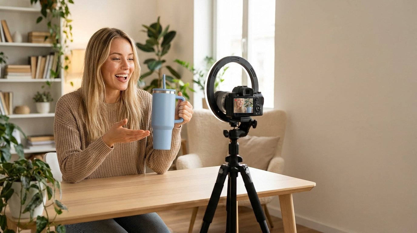 A creator filming a live product review of an insulated tumbler, shown on the camera screen